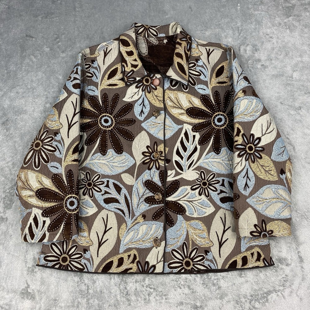 Vintage Winding River Jacket Womens Size L Brown Blue Reversible Floral Tapestry